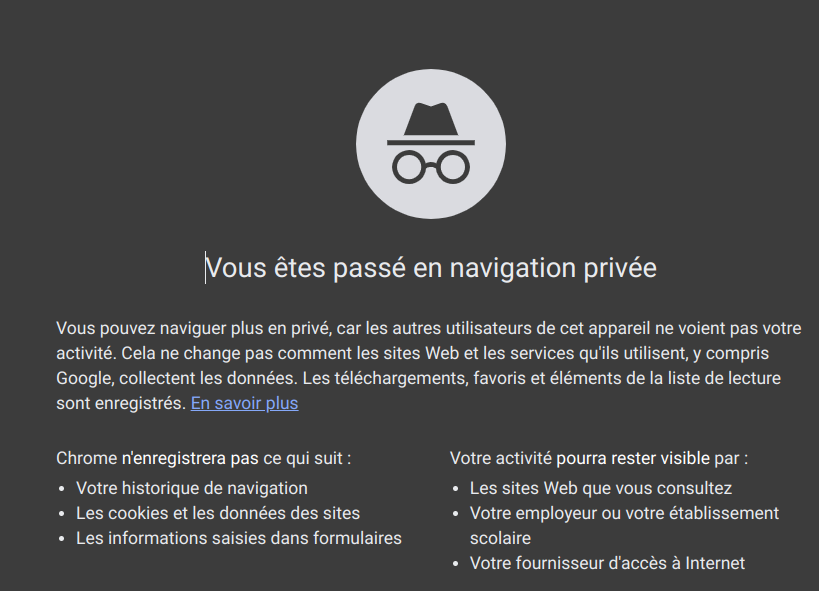 Page d’accueil d’une fenêtre de navigation privée dans Chrome