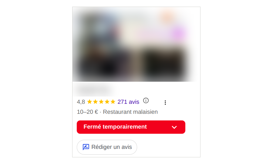 Panneau public d’un établissement affiché par Google, consulté sans être connecté ; nom et photos floutés