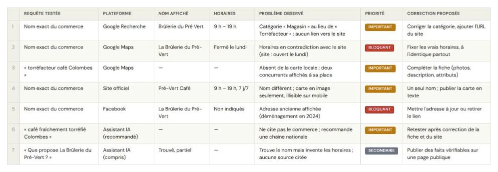 Exemple du tableau d’audit rempli avec quelques lignes fictives