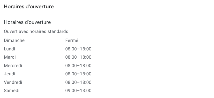 Grille des horaires d’ouverture par jour