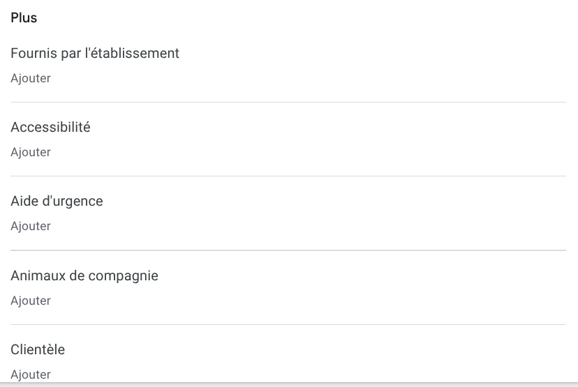 Liste des services et attributs proposés selon la catégorie
